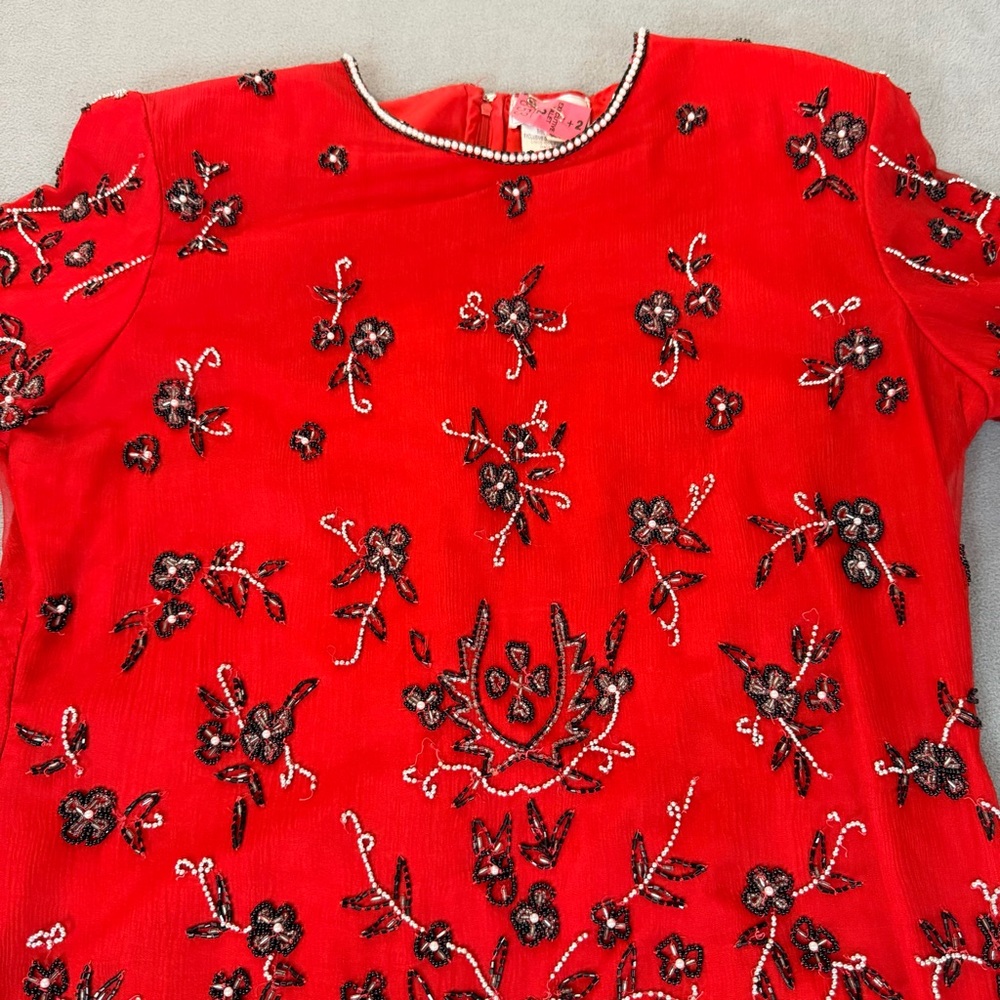 Stenay Vintage Women's Red Silk Black & White Beaded Formal Top- Size XL - Picture 2 of 12